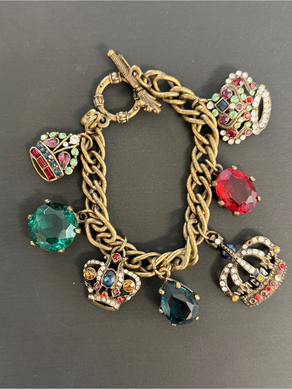 Vintage-Inspired Sweet Romance Charm Bracelet with Multicolor Gem Crowns
